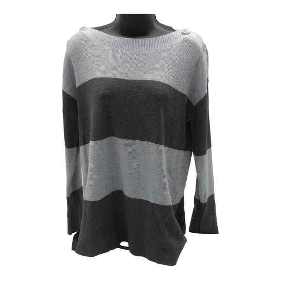 Vince Camuto Women’s Medium Gray Black Stripe Sweater Button Shoulder NWOT - Picture 11 of 15